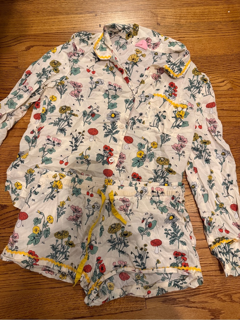ban.do Cream Floral Button-Up Pajama Set with Yellow Trim